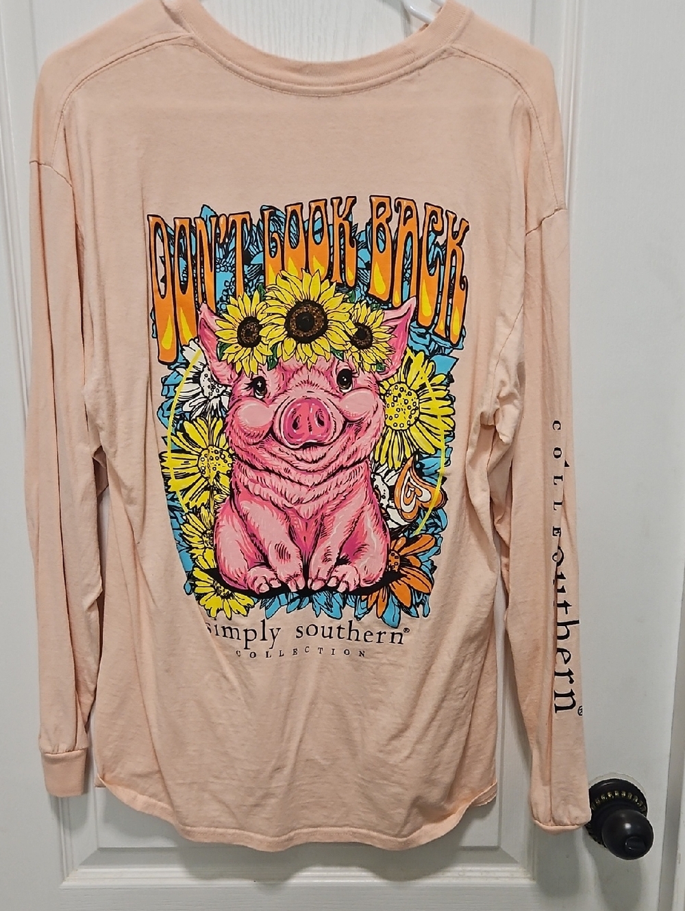 Simply Southern Peach Long Sleeve Tee with Pink Pig and Sunflower Graphic